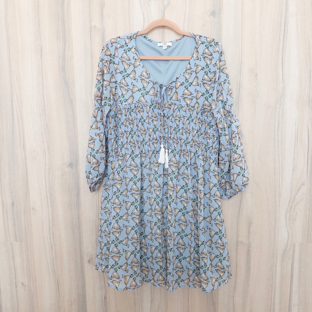 Entro Bird‎ Print Dress M Blue Smocked Waist Boho Cottage Nature Romantic